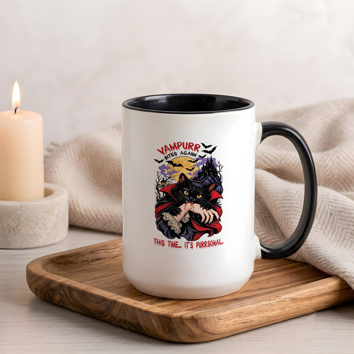 Custom Ceramic Mug: Vampire Cat Design, 11oz or 15oz (Microwave Safe)
