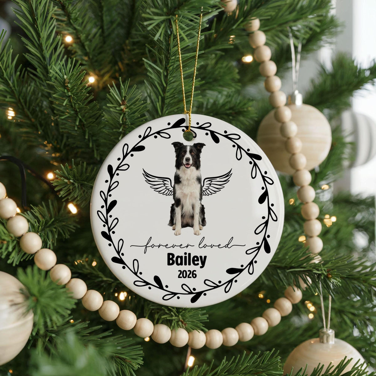 Border Collie Memorial Ornament, Personalized Pet Loss Keepsake, Custom Dog Angel Wings Ornament