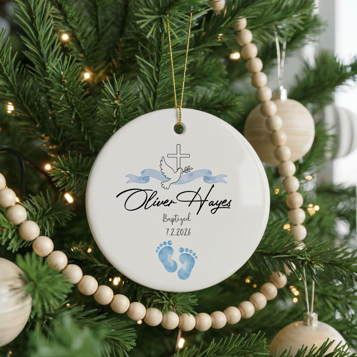 Personalized Ceramic Ornament: Baptized Baby Feet, Gold String (2.75-inch)