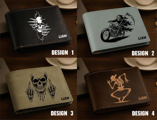 Personalized Skull Bifold Wallet, Engraved Vegan Leather Halloween Gift for Him