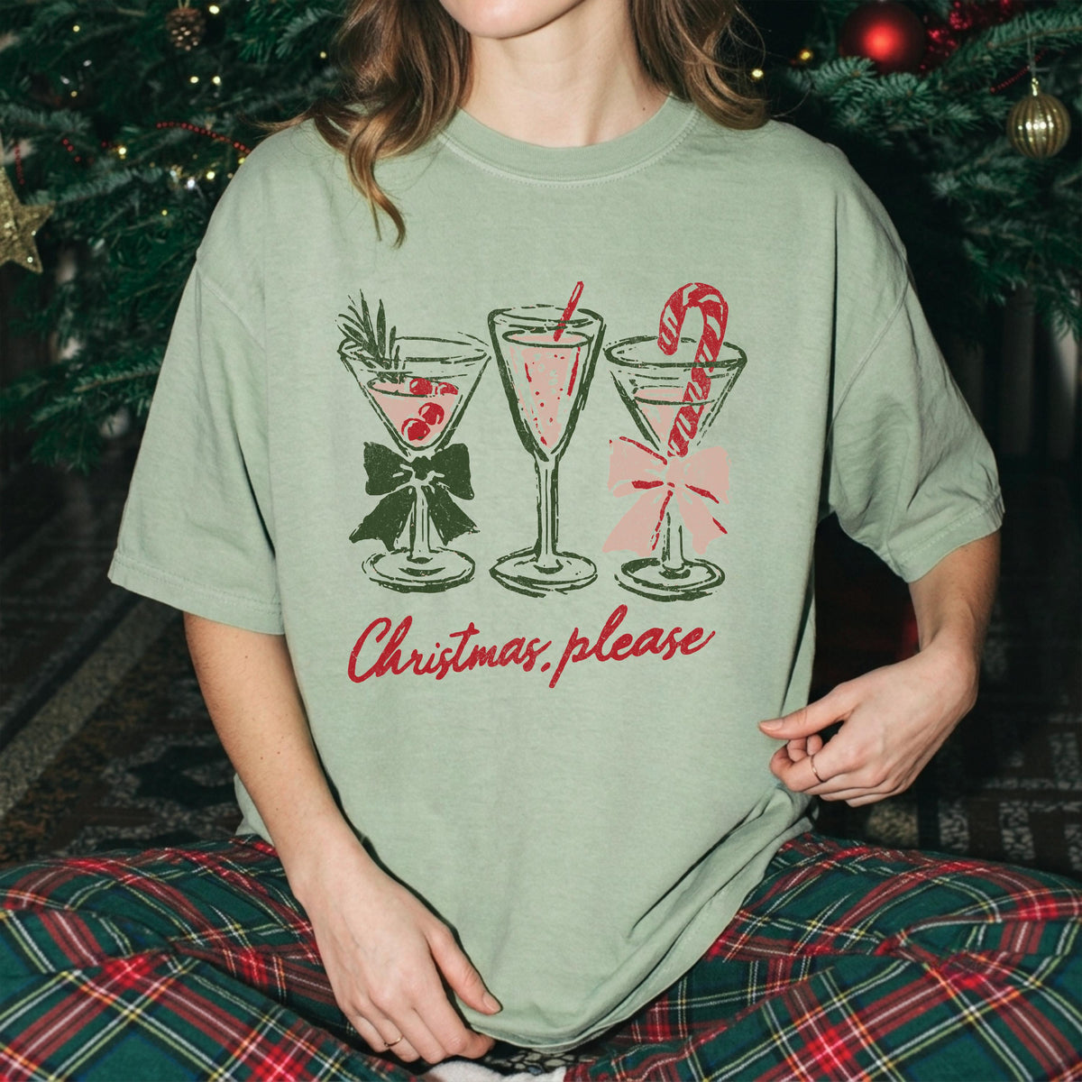 Christmas Please Comfort Colors® Shirt, Holiday Cocktails Bow Tee, Christmas Party Gift Crewneck