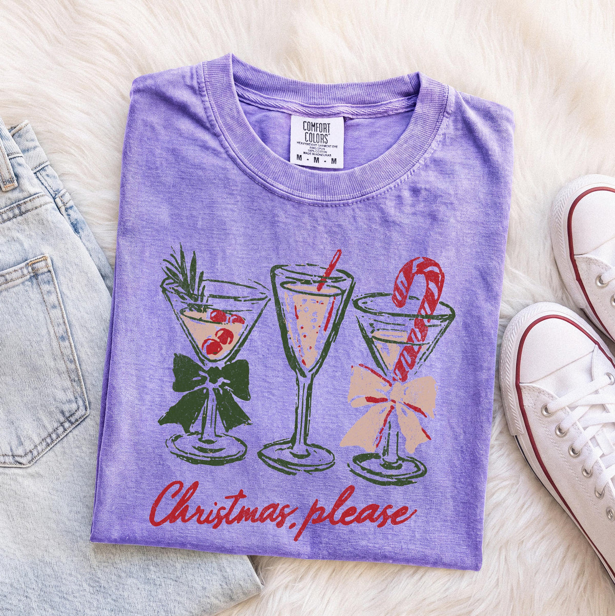 Christmas Please Comfort Colors® Shirt, Holiday Cocktails Bow Tee, Christmas Party Gift Crewneck