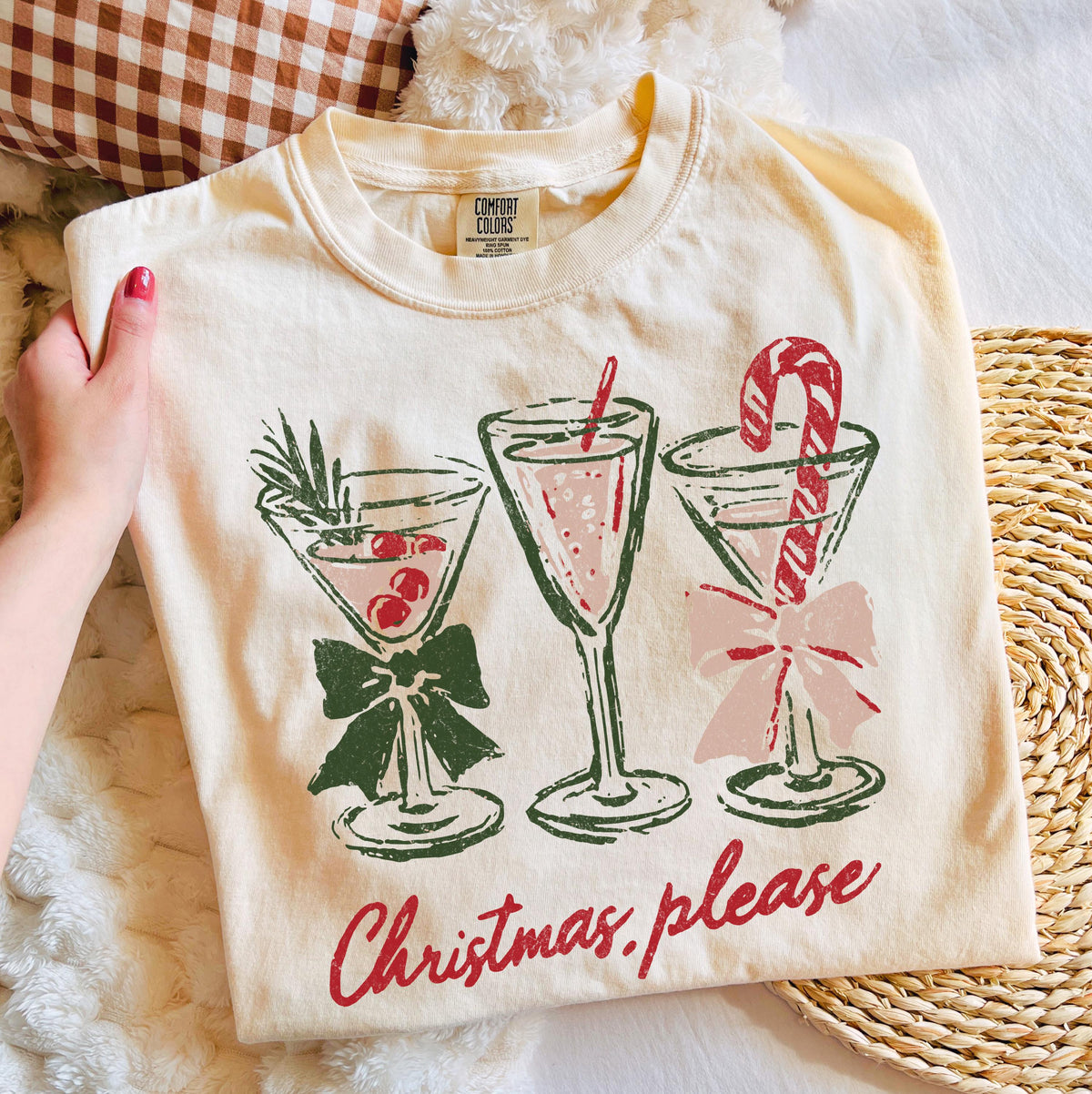 Christmas Please Comfort Colors® Shirt, Holiday Cocktails Bow Tee, Christmas Party Gift Crewneck
