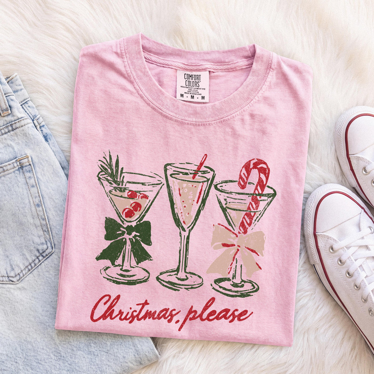 Christmas Please Comfort Colors® Shirt, Holiday Cocktails Bow Tee, Christmas Party Gift Crewneck