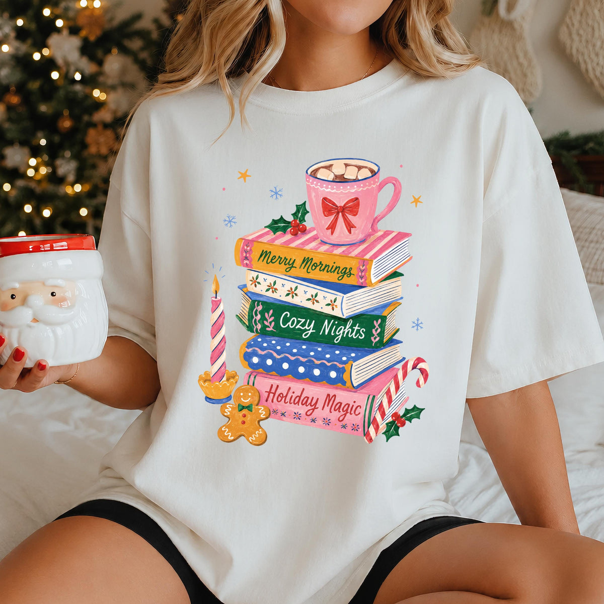 Christmas Books Comfort Colors® T-Shirt, Coffee Lover Reader Xmas Tee, Bookish Women Holiday Gift
