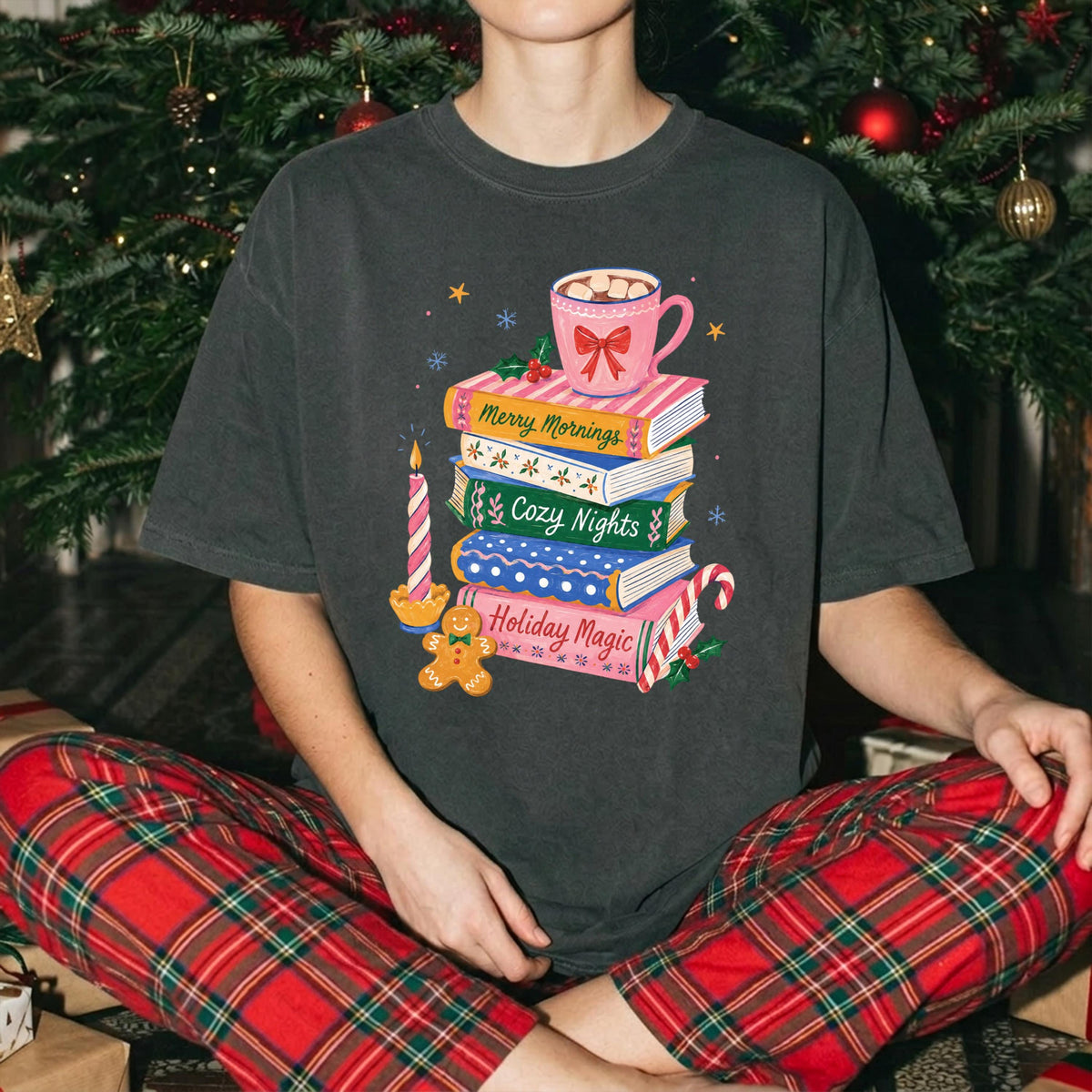 Christmas Books Comfort Colors® T-Shirt, Coffee Lover Reader Xmas Tee, Bookish Women Holiday Gift