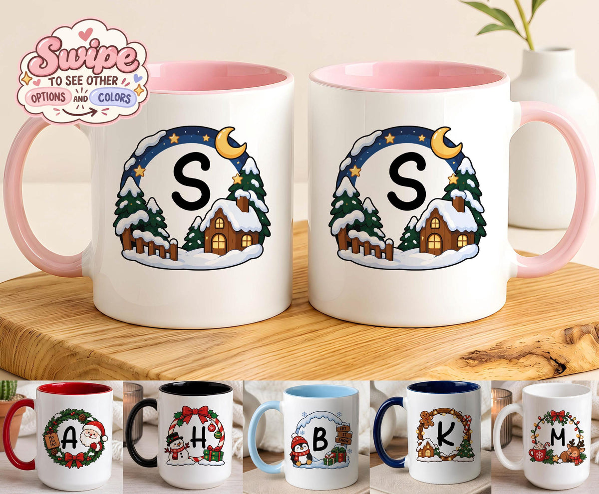 Custom Christmas Monogram Coffee Mug, Personalized Initial Winter Cabin Ceramic Cup