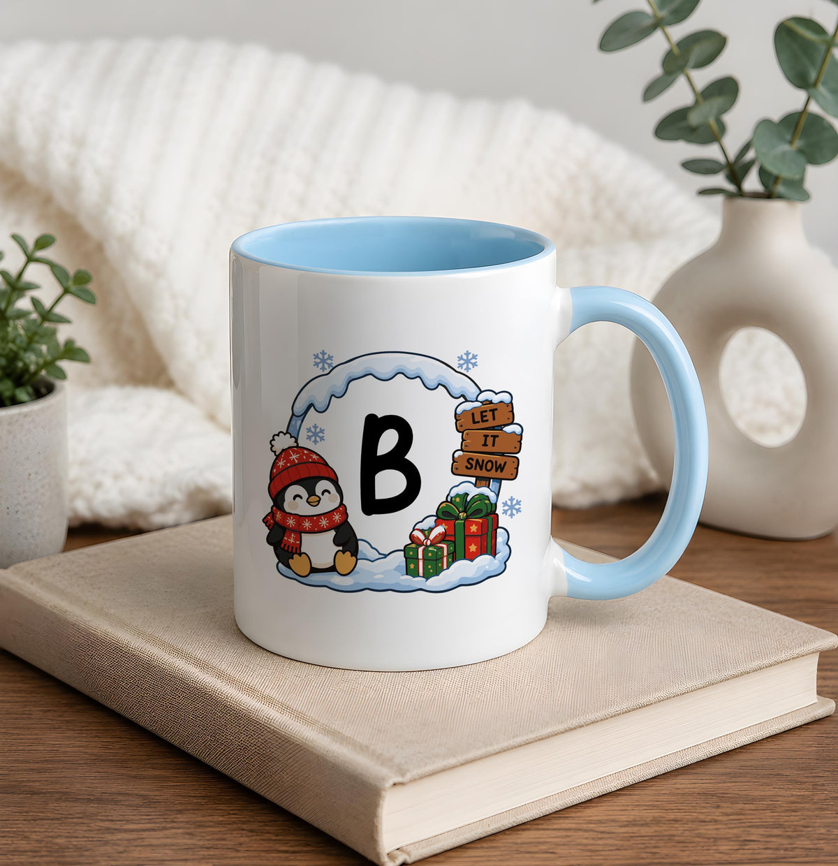 Custom Christmas Monogram Coffee Mug, Personalized Initial Winter Cabin Ceramic Cup