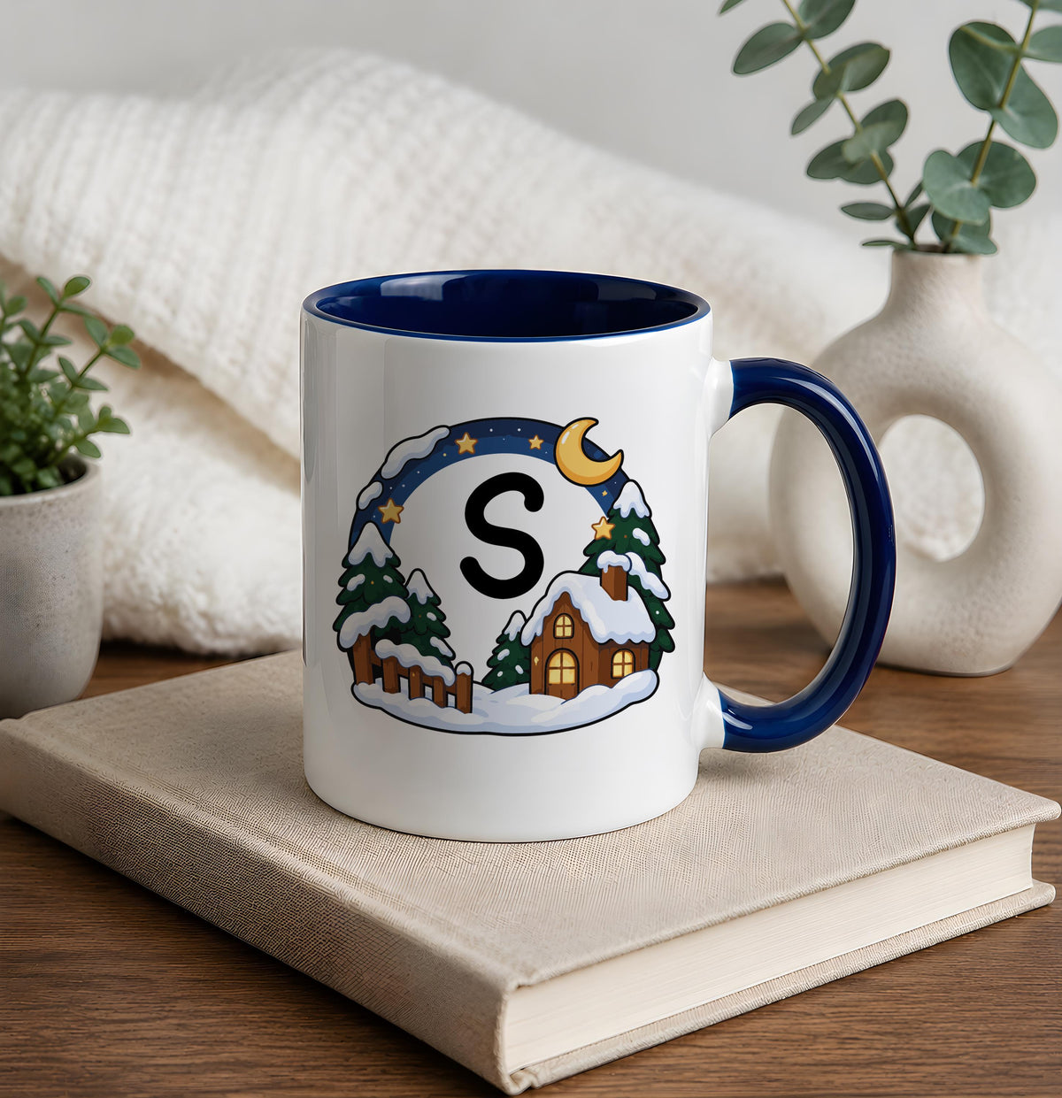 Custom Christmas Monogram Coffee Mug, Personalized Initial Winter Cabin Ceramic Cup