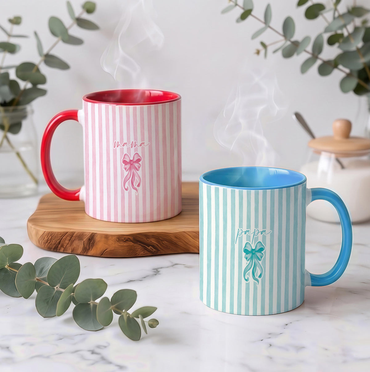 Personalized Mama & Papa Matching Coffee Mug, Ribbon Coquette Striped Two Tone Ceramic Cup