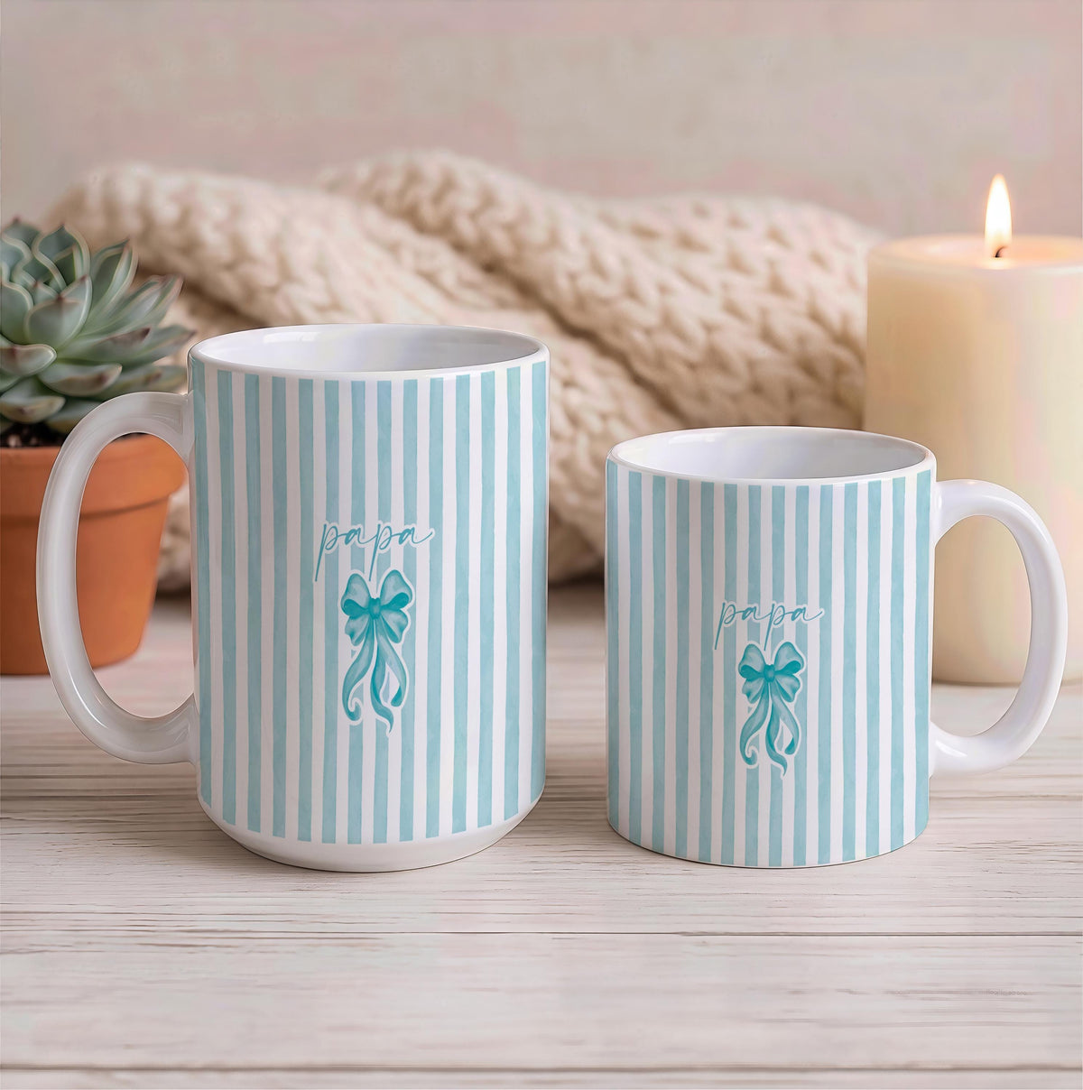 Personalized Mama & Papa Matching Coffee Mug, Ribbon Coquette Striped Two Tone Ceramic Cup