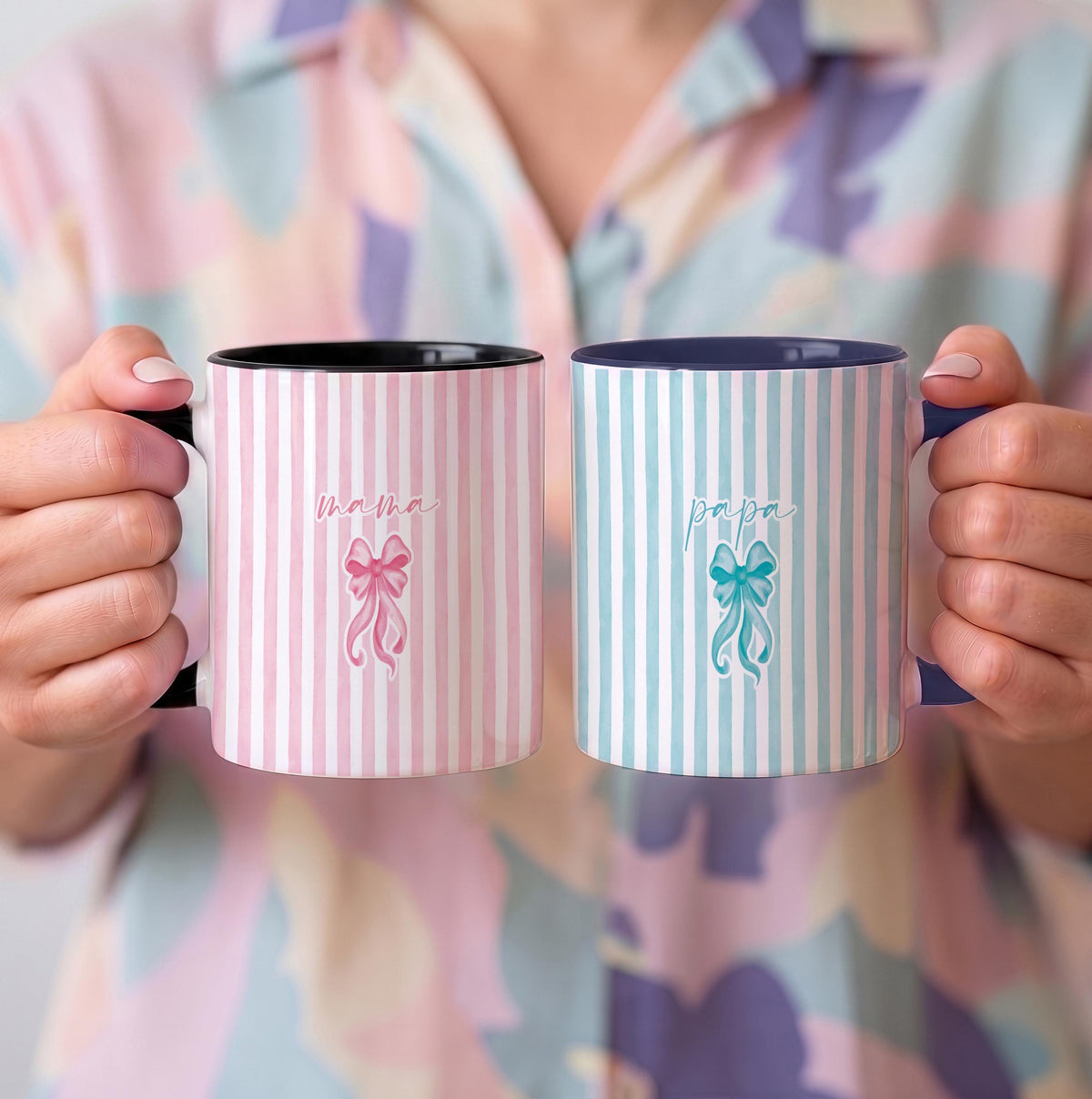 Personalized Mama & Papa Matching Coffee Mug, Ribbon Coquette Striped Two Tone Ceramic Cup