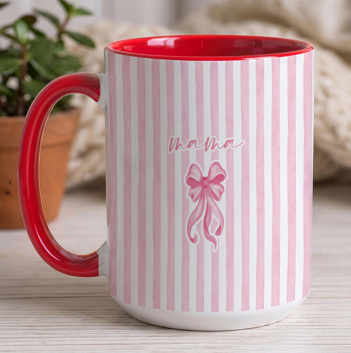 Personalized Mama & Papa Matching Coffee Mug, Ribbon Coquette Striped Two Tone Ceramic Cup