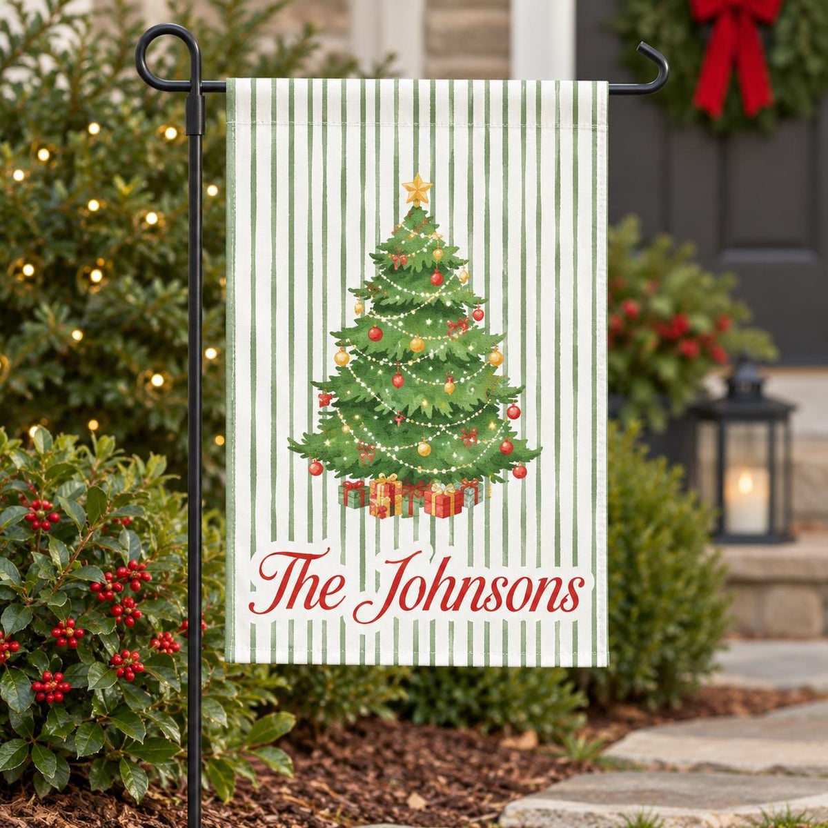 Custom Christmas Garden Flag, Squirrel with Gifts, Personalized Family Name (Vinyl)