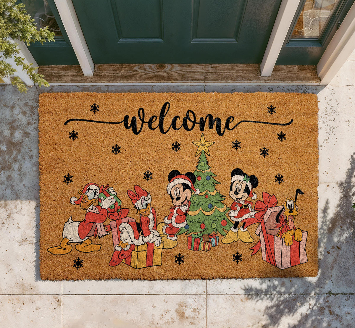 Magical Christmas Welcome Doormat, Retro Cartoon Holiday Porch Decor, Winter Front Door Coir Mat, Cute Characters Christmas Tree Rug