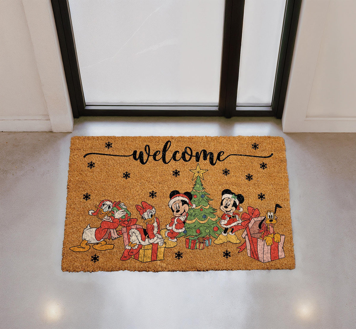 Magical Christmas Welcome Doormat, Retro Cartoon Holiday Porch Decor, Winter Front Door Coir Mat, Cute Characters Christmas Tree Rug