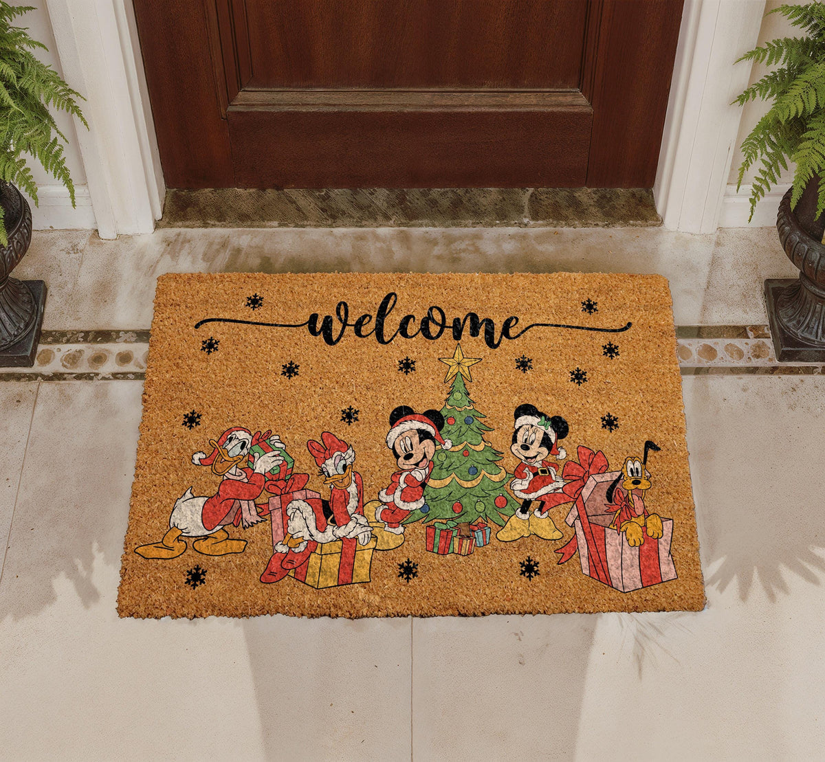 Magical Christmas Welcome Doormat, Retro Cartoon Holiday Porch Decor, Winter Front Door Coir Mat, Cute Characters Christmas Tree Rug