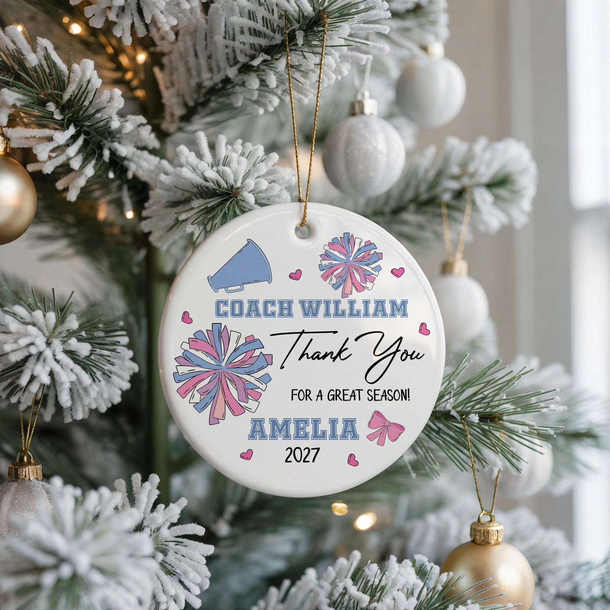 Round ornament with pompoms and personalized cheer coach lettering