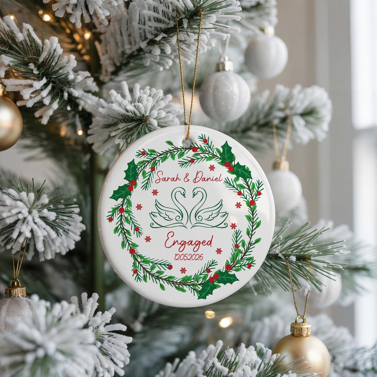Round ornament with engagement-themed illustrations and personalized lettering
