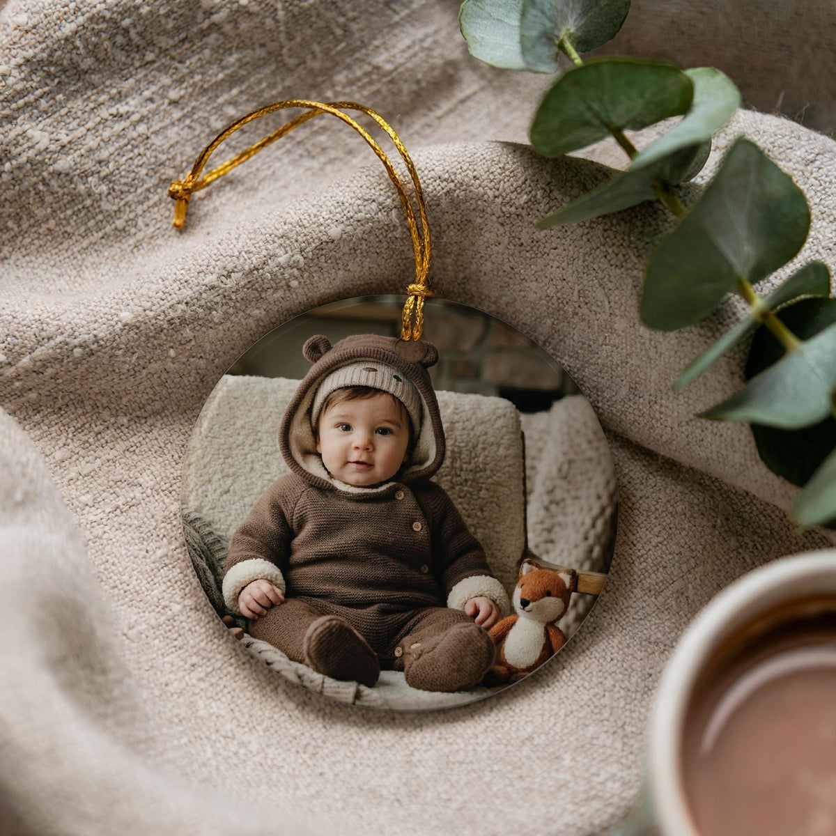 Round ornament printed with a baby photo