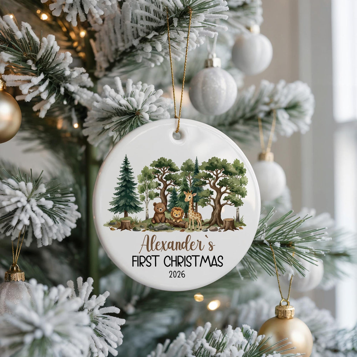 Round ornament with woodland animals and personalized first Christmas lettering