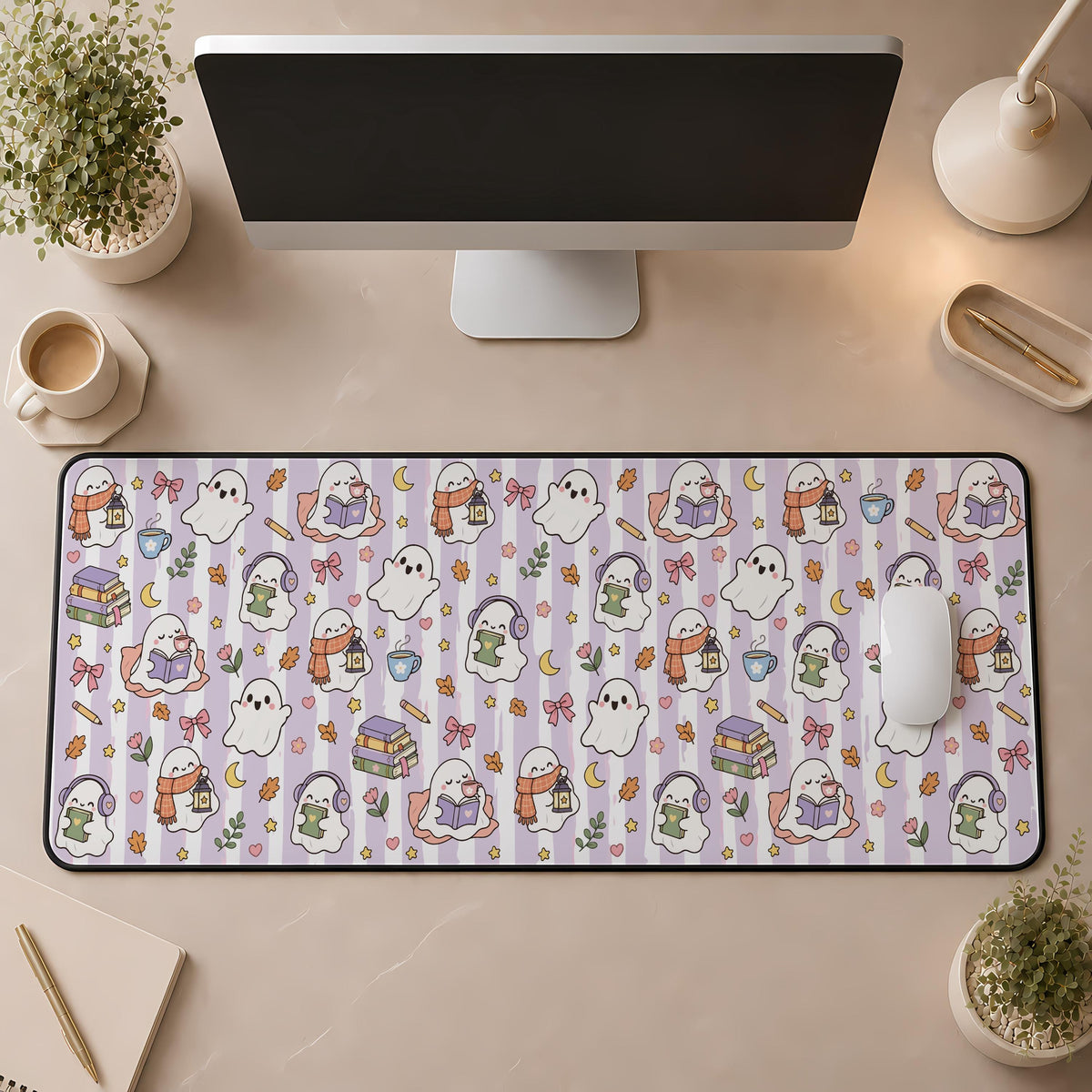 Reading Ghost Halloween Desk Mat, Bookish Mousepad, Book Lover Halloween Gift