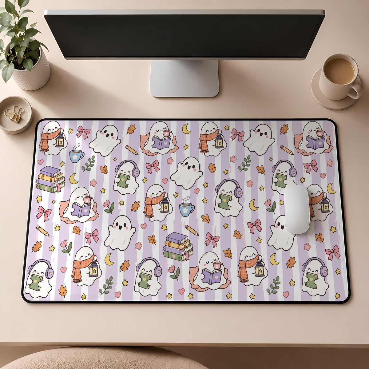 Reading Ghost Halloween Desk Mat, Bookish Mousepad, Book Lover Halloween Gift