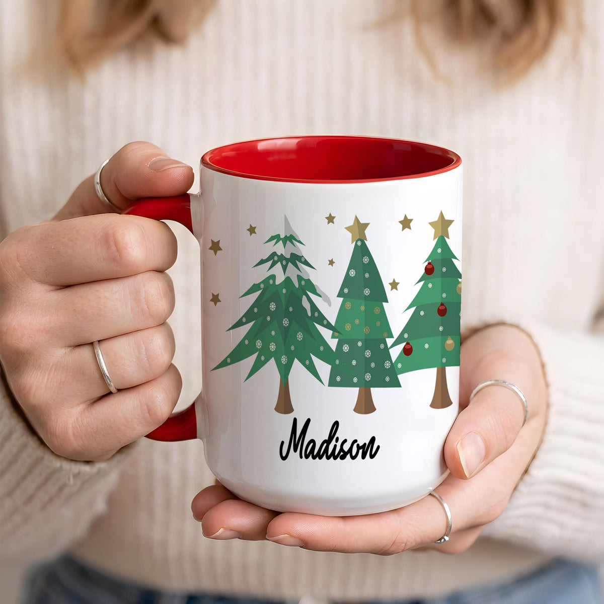 Custom Name Christmas Tree Pattern Mug, Secret Santa Gift, Holiday Coffee Cup