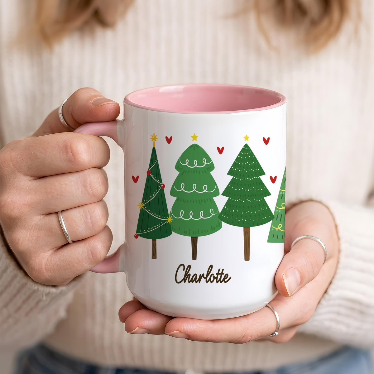 Custom Name Christmas Tree Pattern Mug, Secret Santa Gift, Holiday Coffee Cup