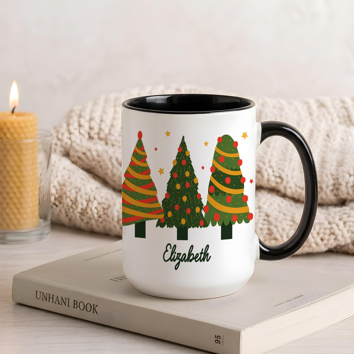Custom Name Christmas Tree Pattern Mug, Secret Santa Gift, Holiday Coffee Cup