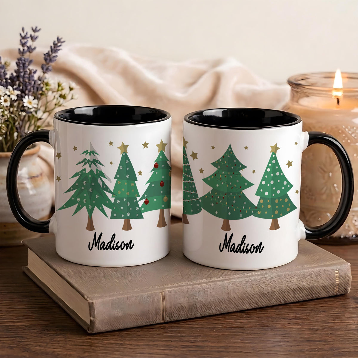 Custom Name Christmas Tree Pattern Mug, Secret Santa Gift, Holiday Coffee Cup