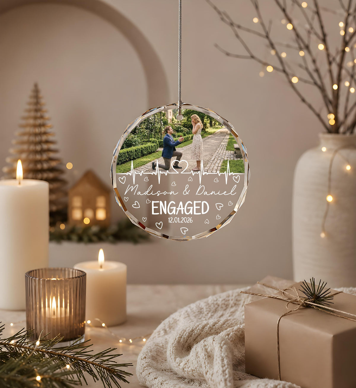 Personalized First Christmas Engaged Ornament, Custom Photo Engagement Keepsake