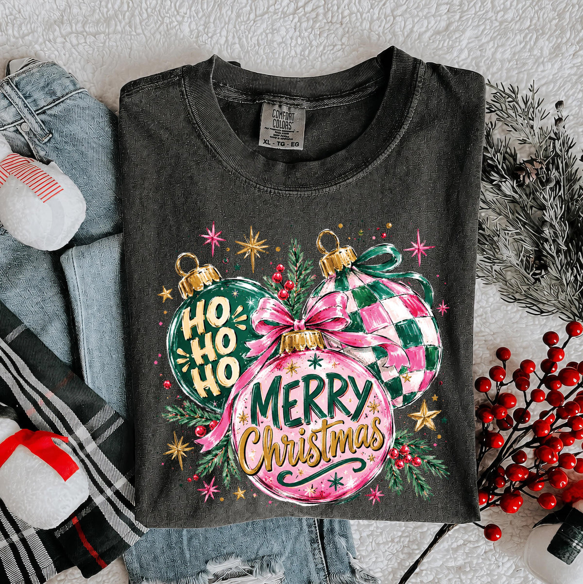 Christmas Ornaments Comfort Colors® Shirt, Merry Christmas Tee, Preppy Women Holiday Gift