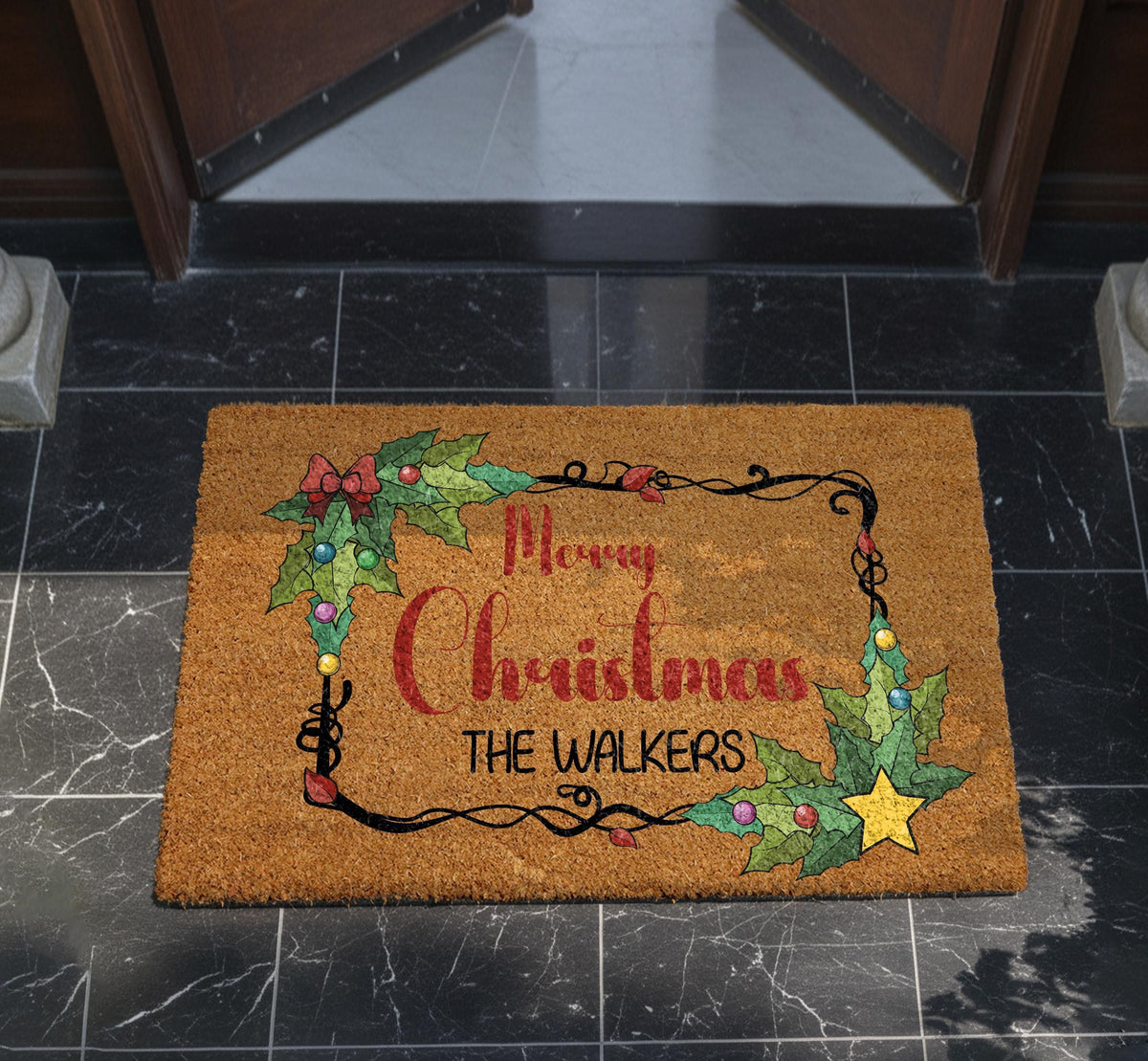 Personalized Christmas Doormat, Custom Family Name Holiday Welcome Mat