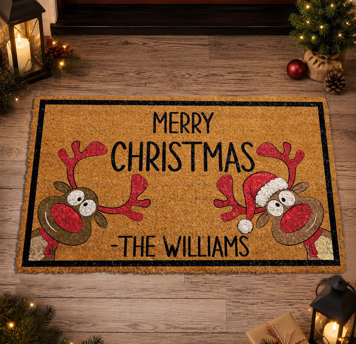 Personalized Christmas Doormat, Funny Reindeer Welcome Mat