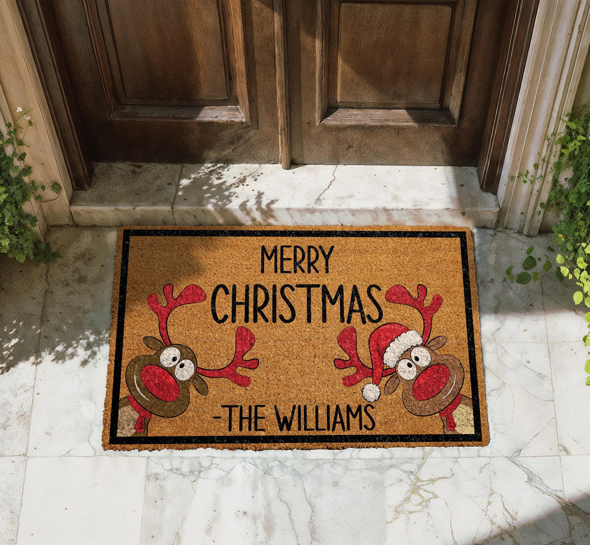 Personalized Christmas Doormat, Funny Reindeer Welcome Mat