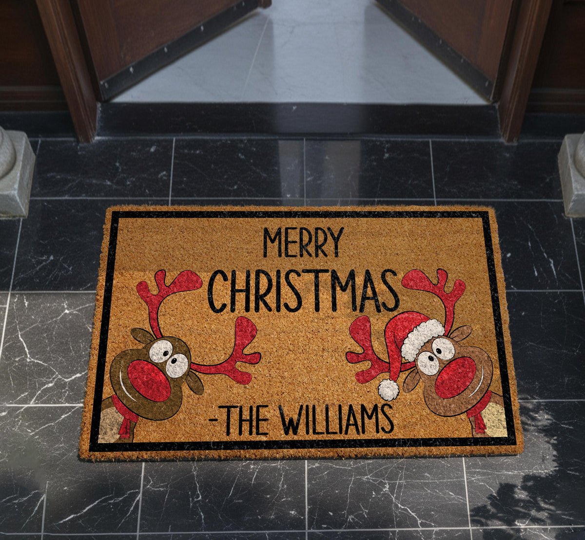 Personalized Christmas Doormat, Funny Reindeer Welcome Mat