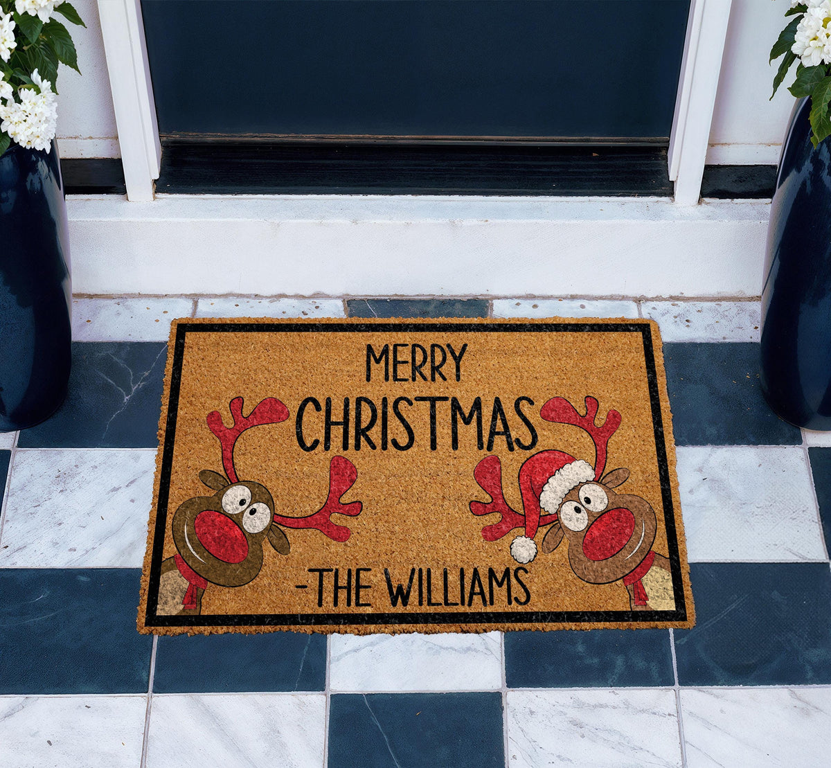 Personalized Christmas Doormat, Funny Reindeer Welcome Mat