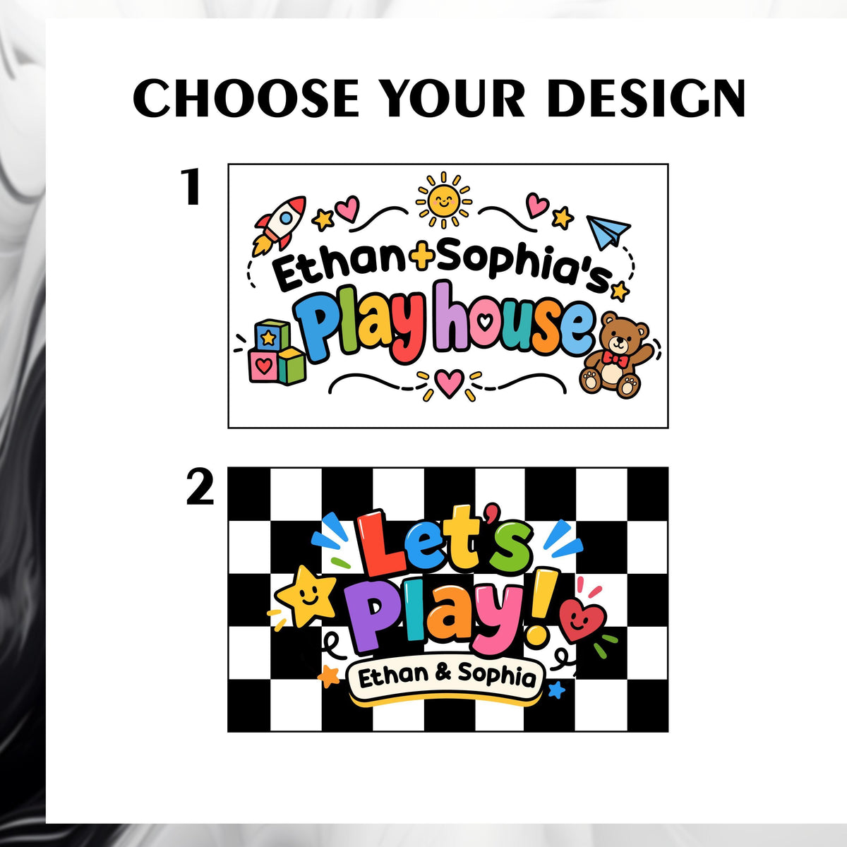 Two personalized playhouse doormat designs