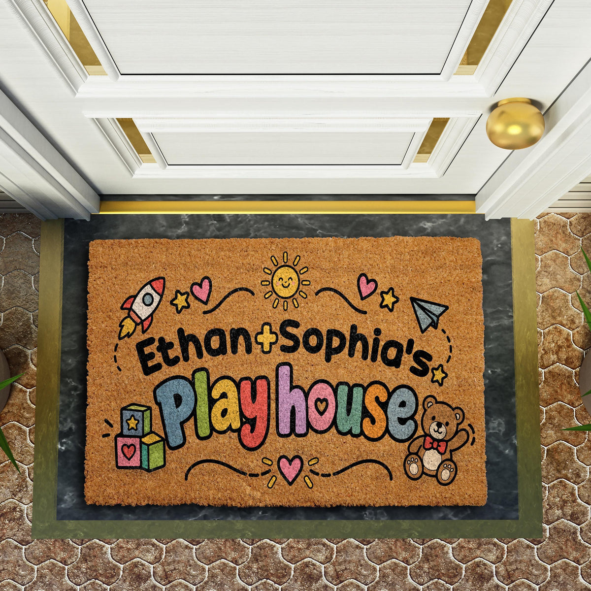 Doormat with playhouse lettering, toys and personalized names