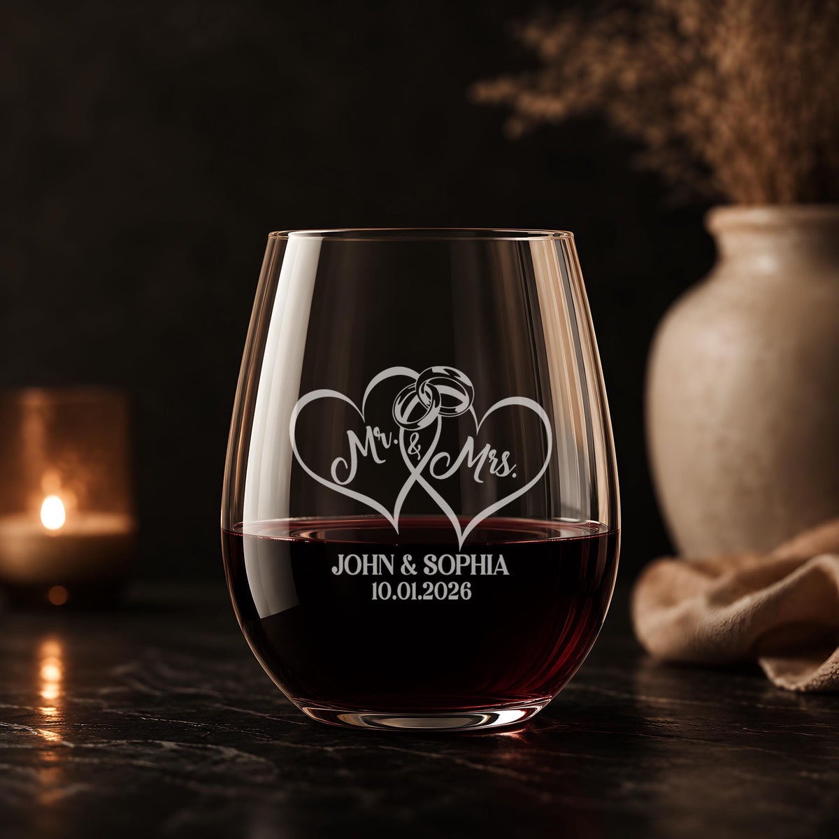 Personalized Wedding Wine Glass, Engraved Mr and Mrs Stemless Wine Cup with Names and Date