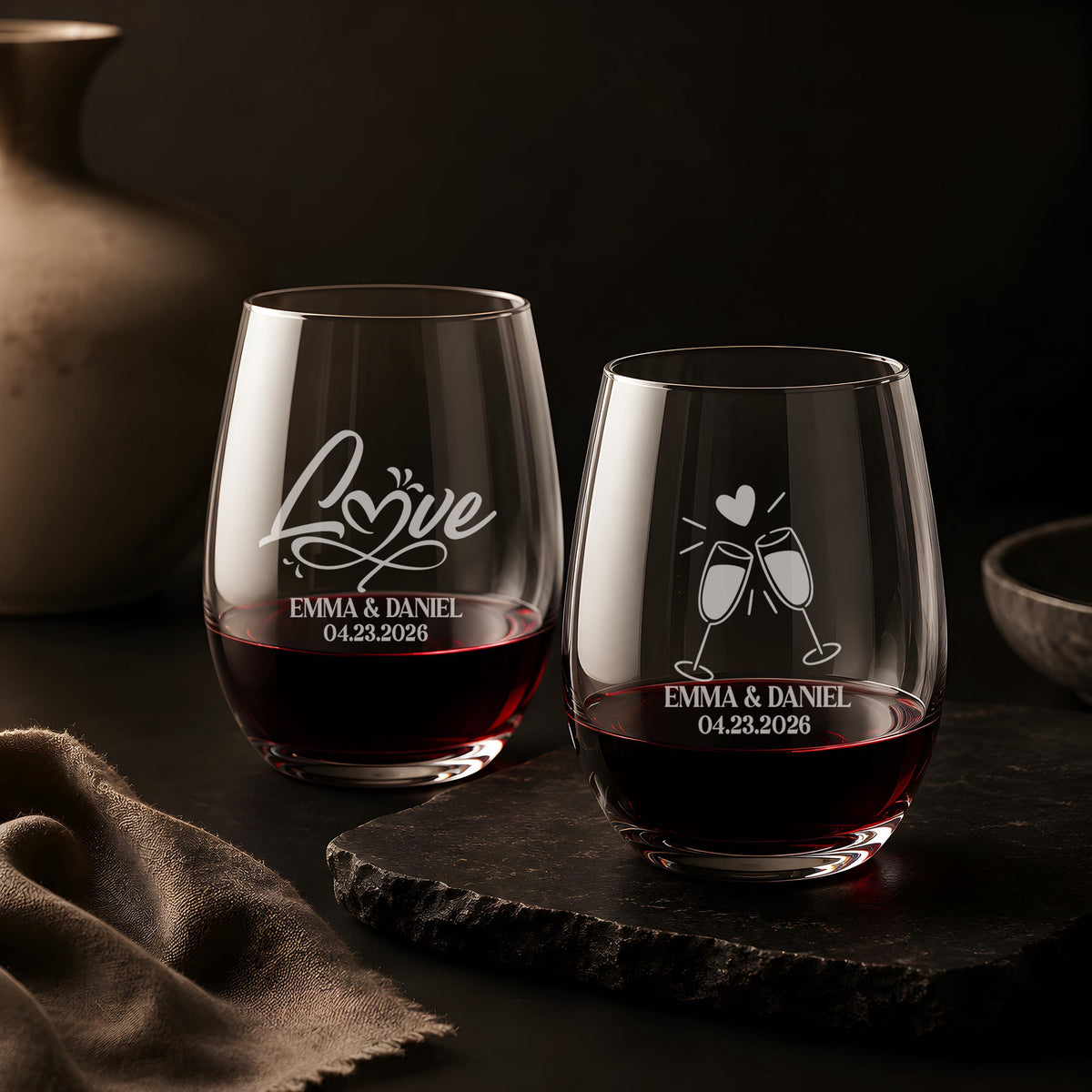 Personalized Wedding Wine Glass, Engraved Mr and Mrs Stemless Wine Cup with Names and Date
