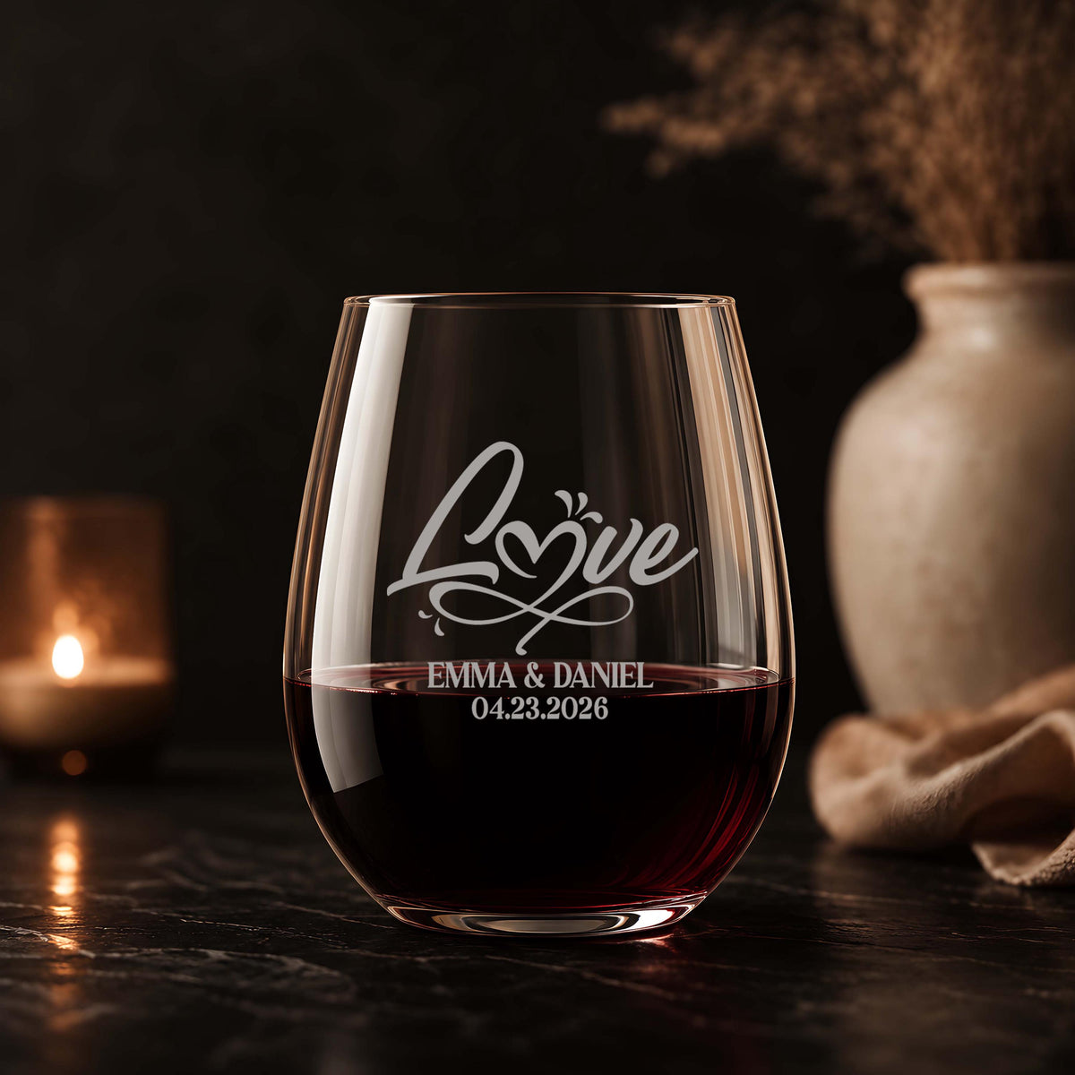Personalized Wedding Wine Glass, Engraved Mr and Mrs Stemless Wine Cup with Names and Date