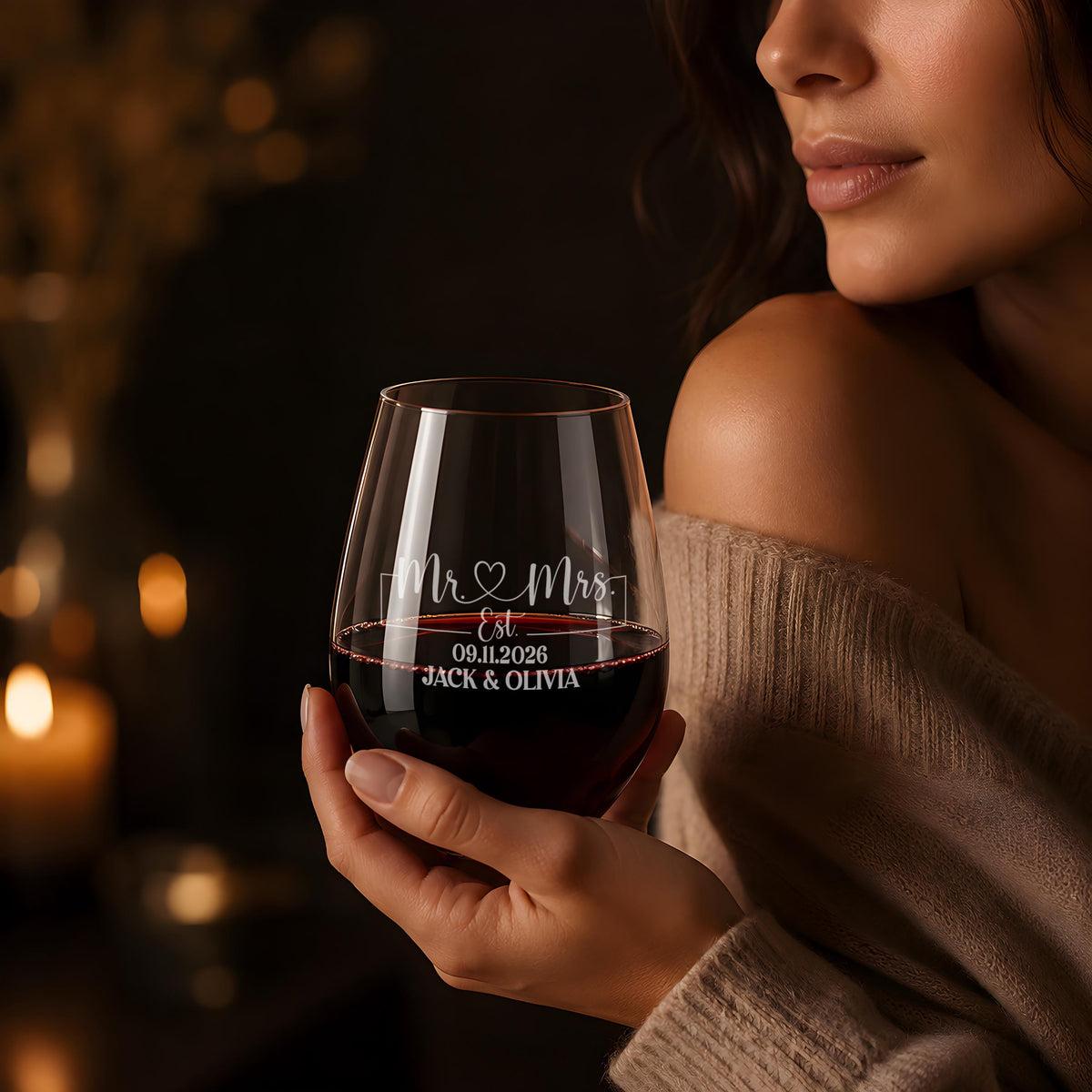 Personalized Wedding Wine Glass, Engraved Mr and Mrs Stemless Wine Cup with Names and Date