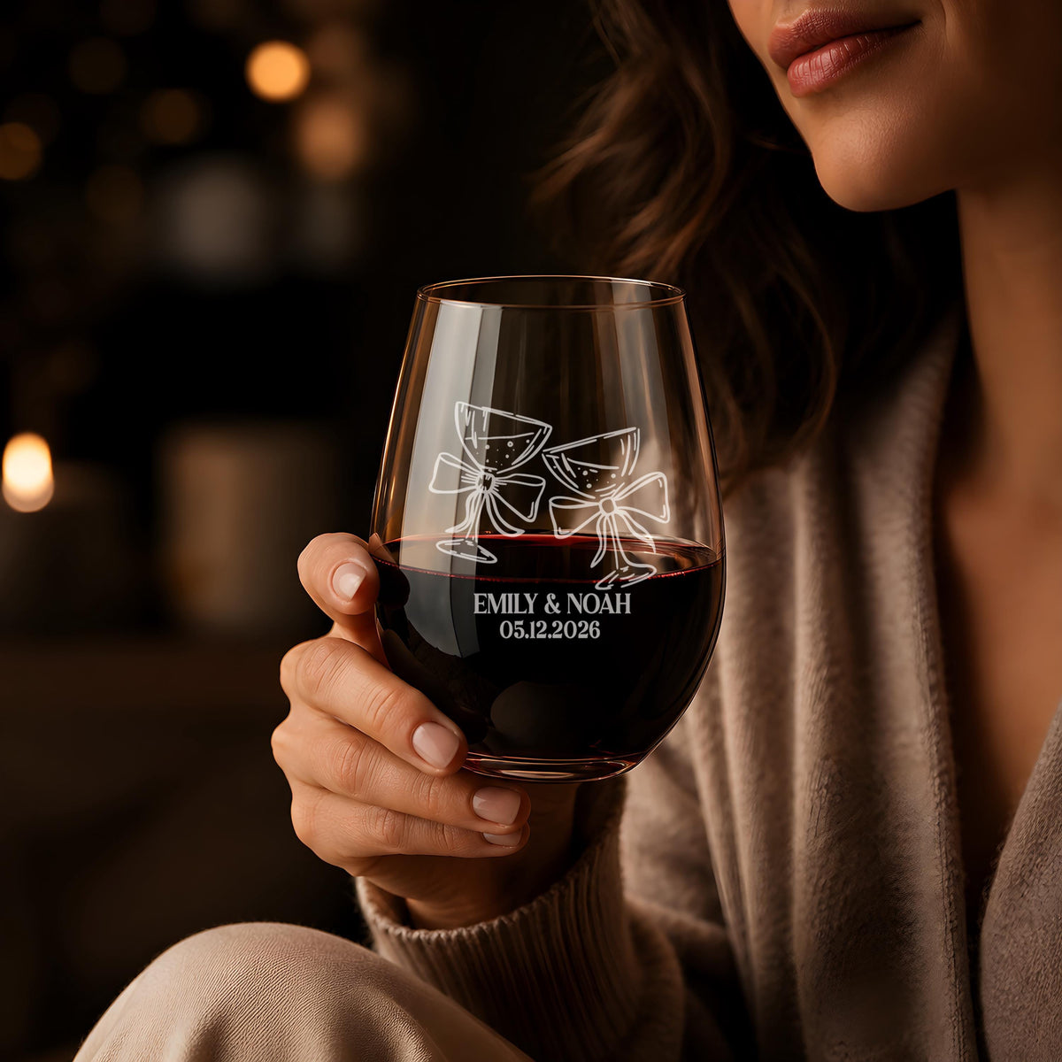 Personalized Wedding Wine Glass, Engraved Mr and Mrs Stemless Wine Cup with Names and Date
