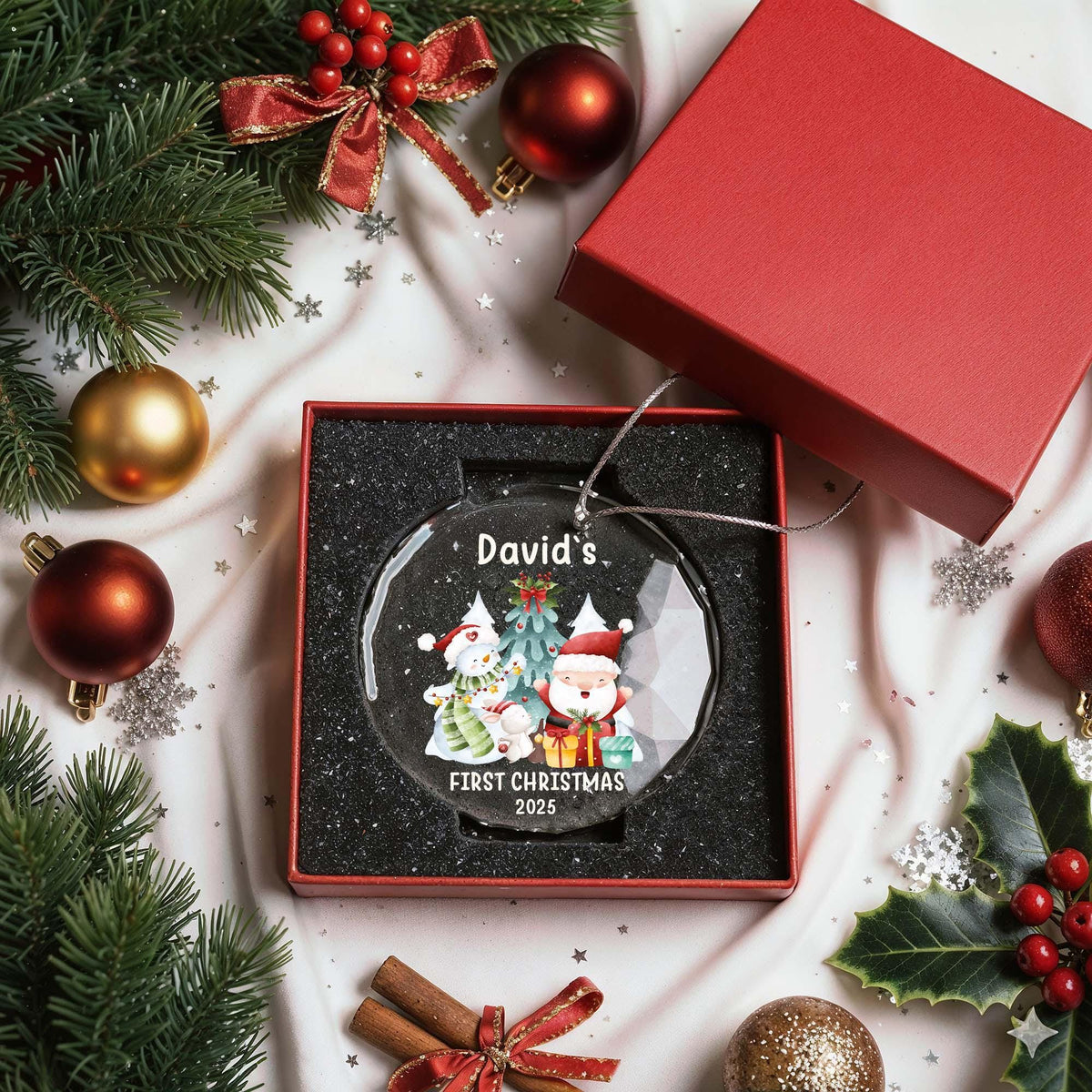 Custom Name Baby's First Christmas Glass Ornament, Santa Newborn Keepsake
