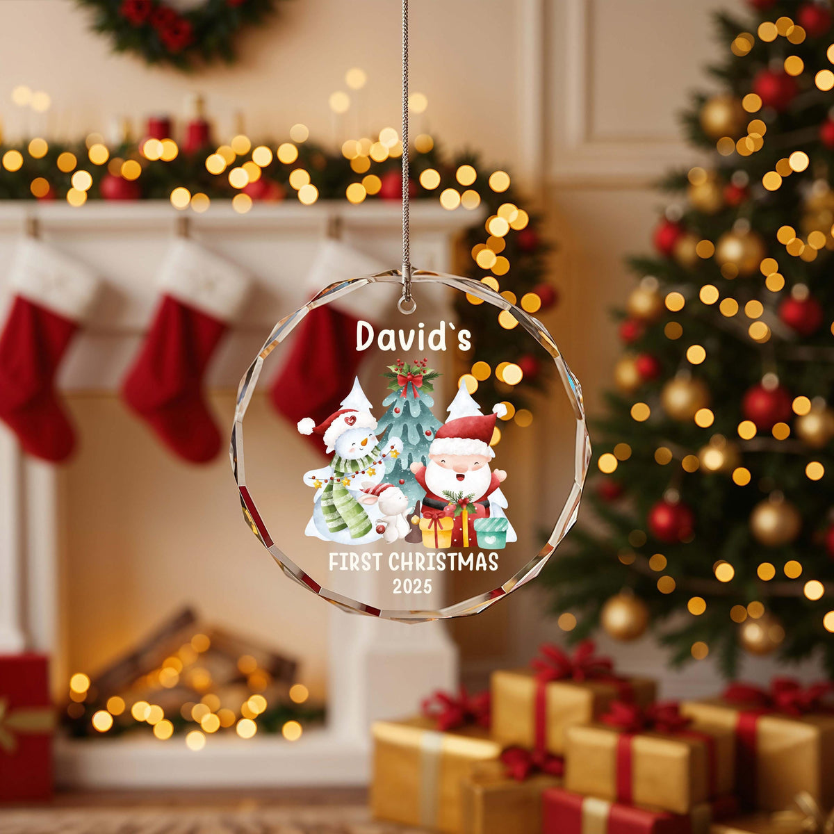 Custom Name Baby's First Christmas Glass Ornament, Santa Newborn Keepsake