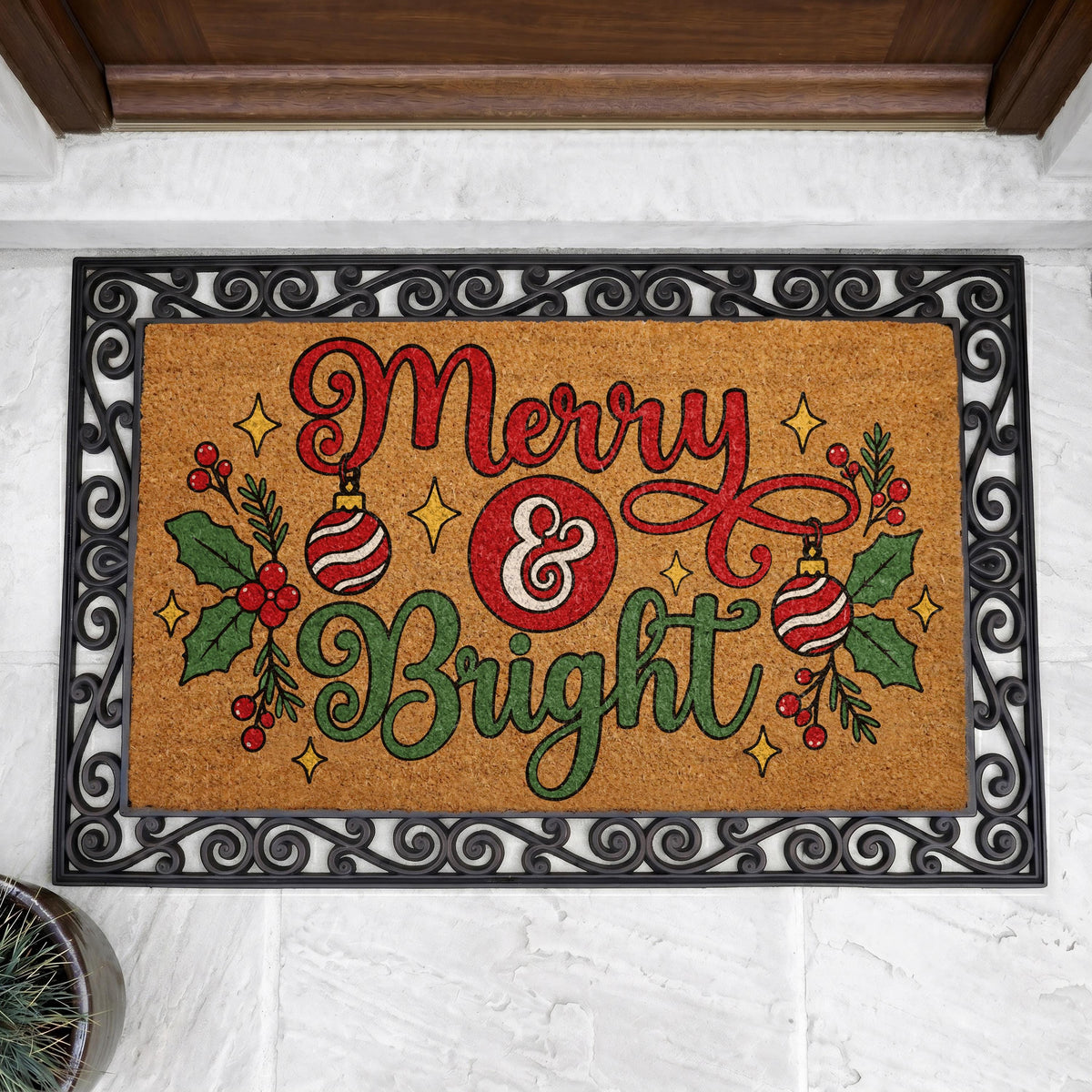 Merry and Bright Doormat, Christmas Welcome Mat, Holiday Front Porch Decor, Festive Winter Door Mat, Coir Rug, Holiday Gift