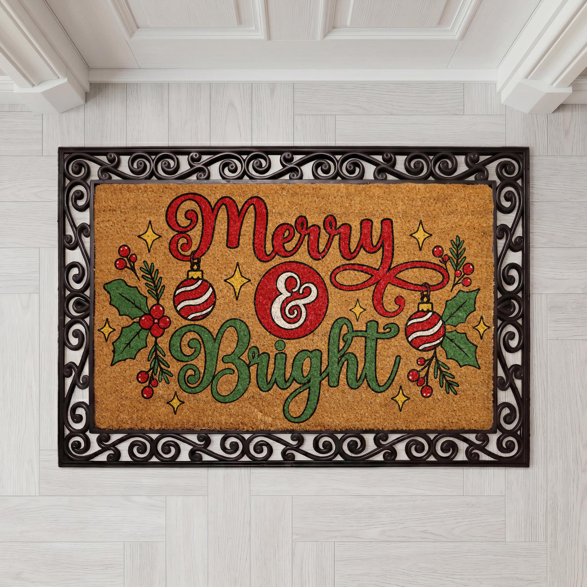 Merry and Bright Doormat, Christmas Welcome Mat, Holiday Front Porch Decor, Festive Winter Door Mat, Coir Rug, Holiday Gift