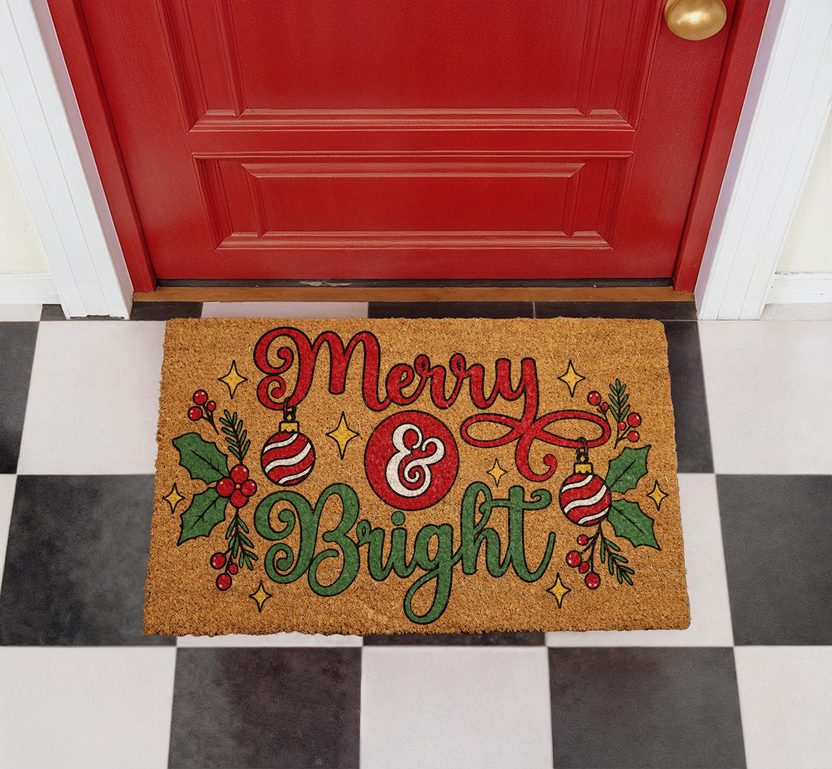 Merry and Bright Doormat, Christmas Welcome Mat, Holiday Front Porch Decor, Festive Winter Door Mat, Coir Rug, Holiday Gift